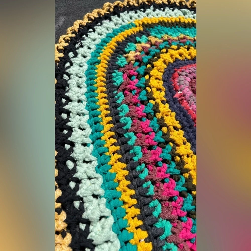 HANDMADE crochet upcycled recycled bohemian multicolor mat Sz 35